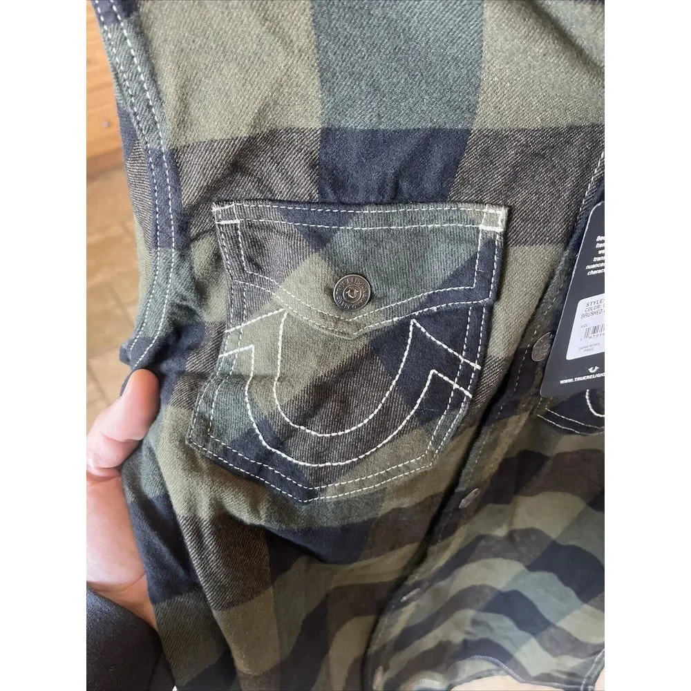 True Religion Flannel Plaid Western Snap Shacket Men Size S Green Black‎ NWT $89